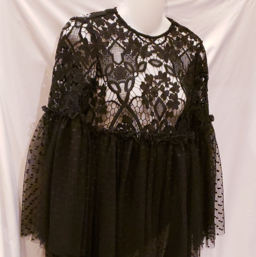 NWT Asos Black Lace Tulle Bell Sleeve Top